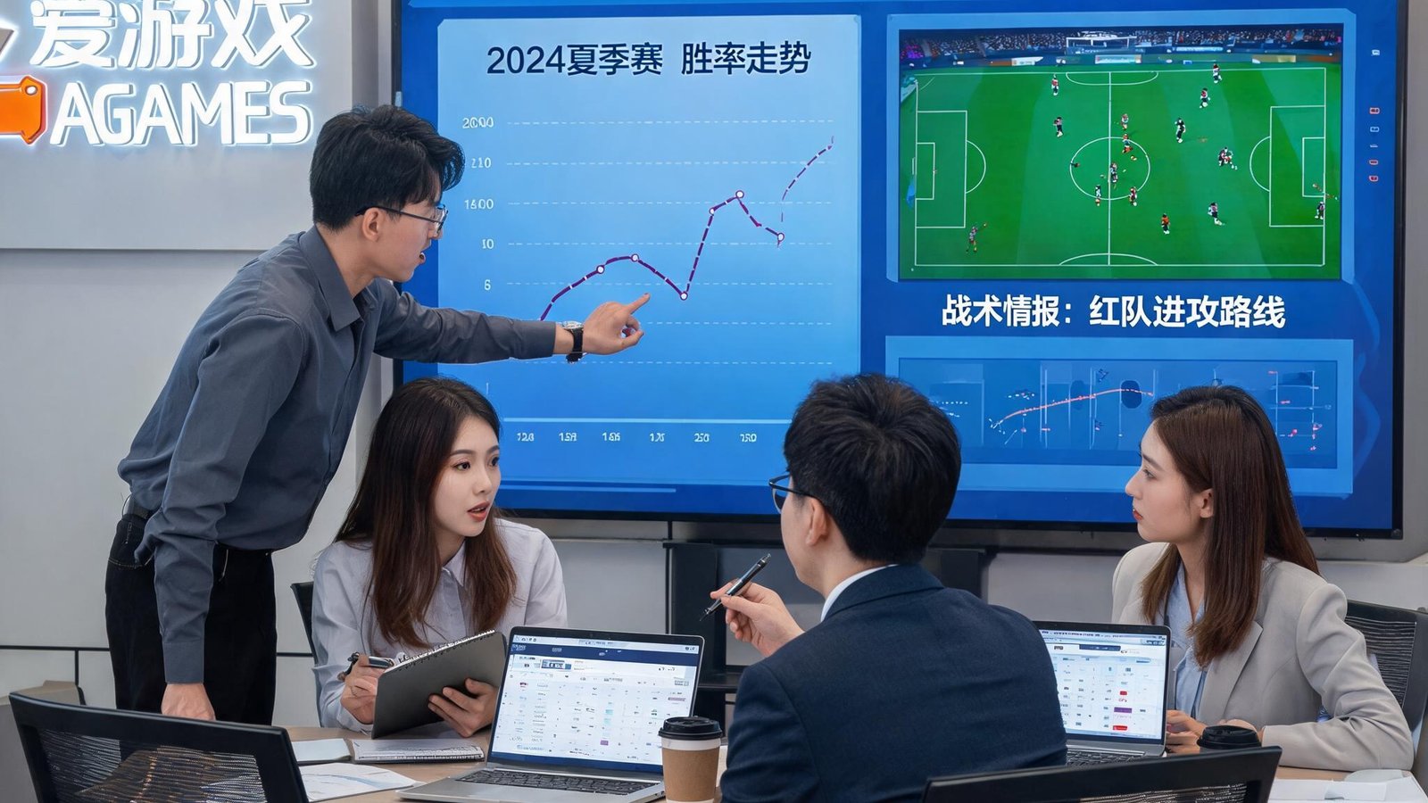 爱游戏平台专业分析师团队在屏幕前讨论热门赛事数据与战术情报